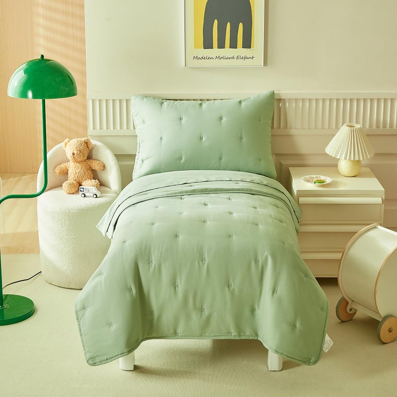 DuShow Green 4 Piece Toddler Bedding Set for Boys Girls,Embroidery Microfiber Crib Bed Sheets Set Soft Boho Comforter Set Bed in a Bag,Include Quilted Comforter,Flat Sheet,Fitted Sheet,Pillowcase - Image 2